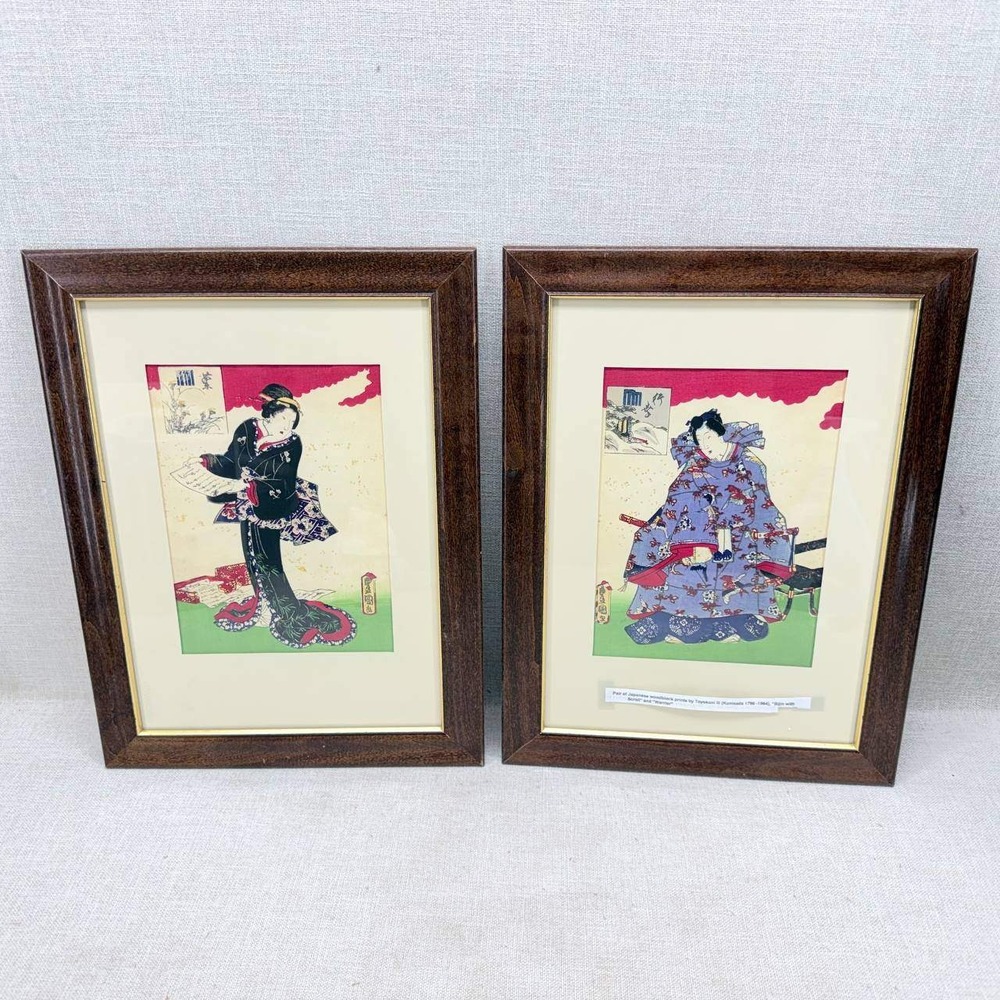 Toyokuni III Utagawa Kunisada Japanese Woodblock Prints Pair Bijin & Warrior